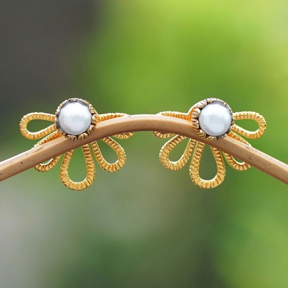 22k Gold-Plated Ear Jacket Earrings with Grey Pearls 'Gianyar Altar'