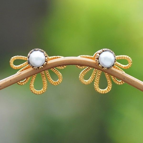 Alternate image for 22k Gold-Plated Ear Jacket Earrings with Grey Pearls Gianyar Altar
