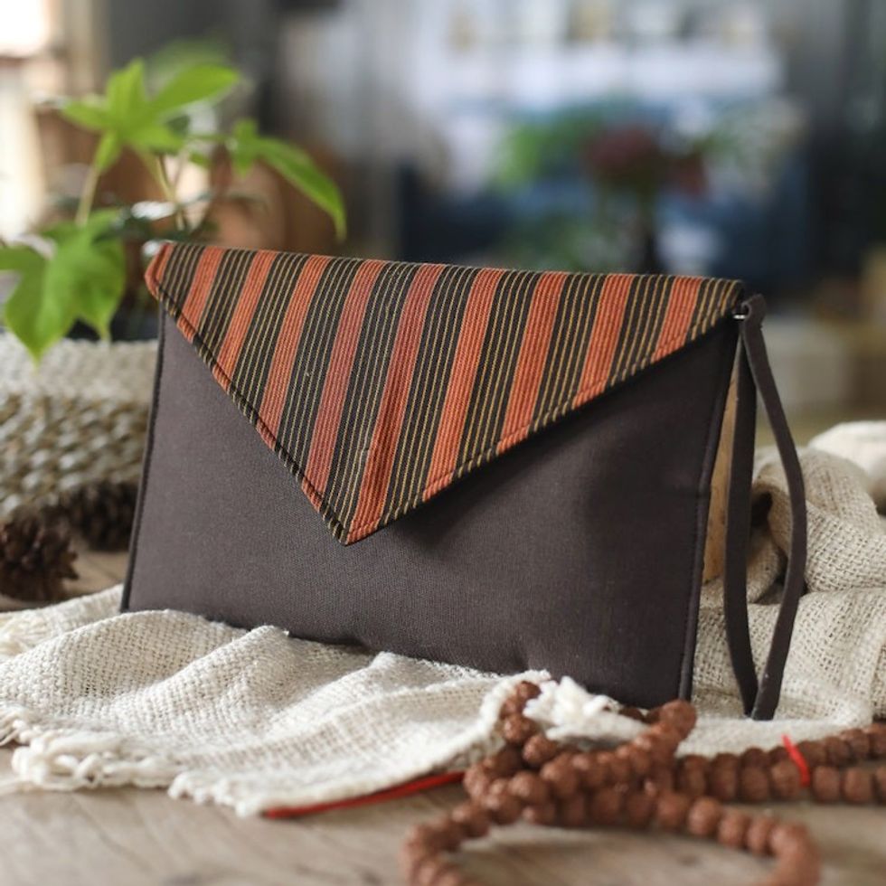 Striped Dark Brown Cotton Wristlet with Removable Strap 'Lurik Amplop Mocha'