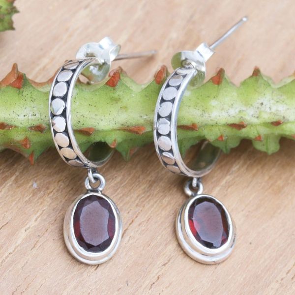 Alternate image for Sterling Silver Half-Hoop Earrings with Faceted Garnet Gems Crimson Cuddle