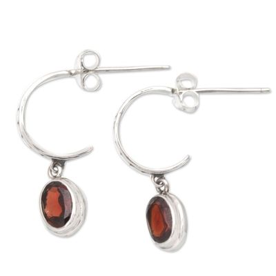 Alternate image for Sterling Silver Half-Hoop Earrings with Faceted Garnet Gems Crimson Cuddle