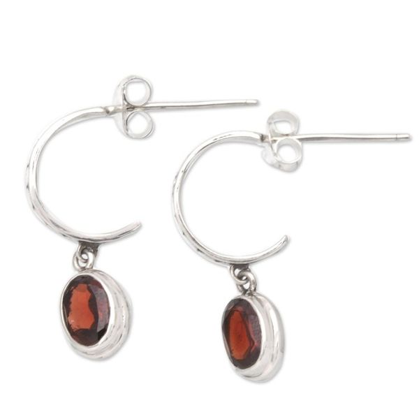 Alternate image for Sterling Silver Half-Hoop Earrings with Faceted Garnet Gems Crimson Cuddle