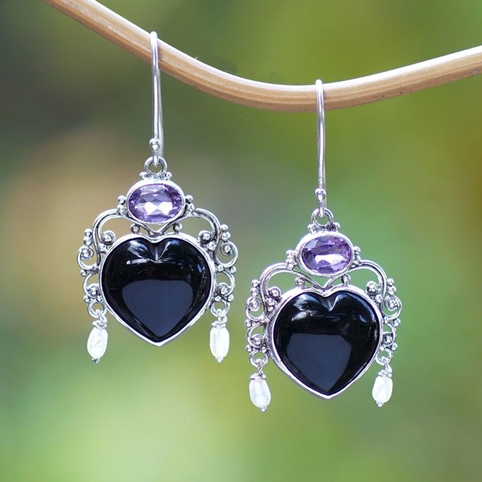 Amethyst and Cultured Pearl Heart Dangle Earrings from Bali 'Love Like Midnight'