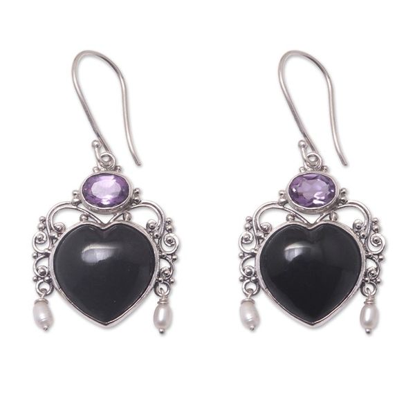 Alternate image for Amethyst and Cultured Pearl Heart Dangle Earrings from Bali Love Like Midnight