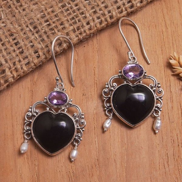 Alternate image for Amethyst and Cultured Pearl Heart Dangle Earrings from Bali Love Like Midnight