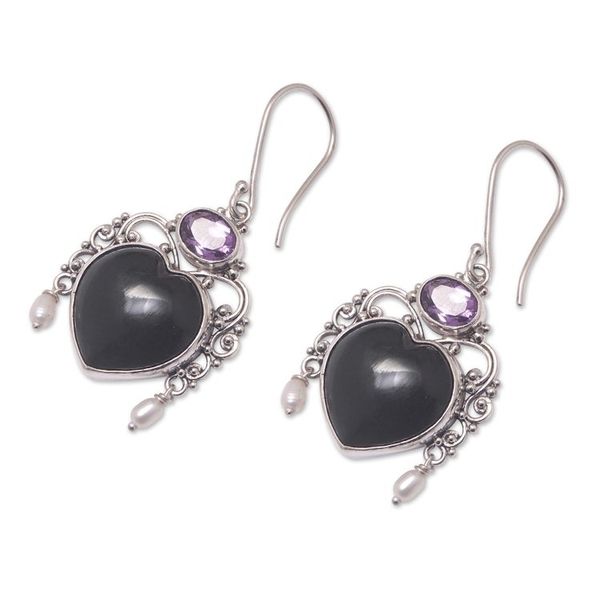 Alternate image for Amethyst and Cultured Pearl Heart Dangle Earrings from Bali Love Like Midnight
