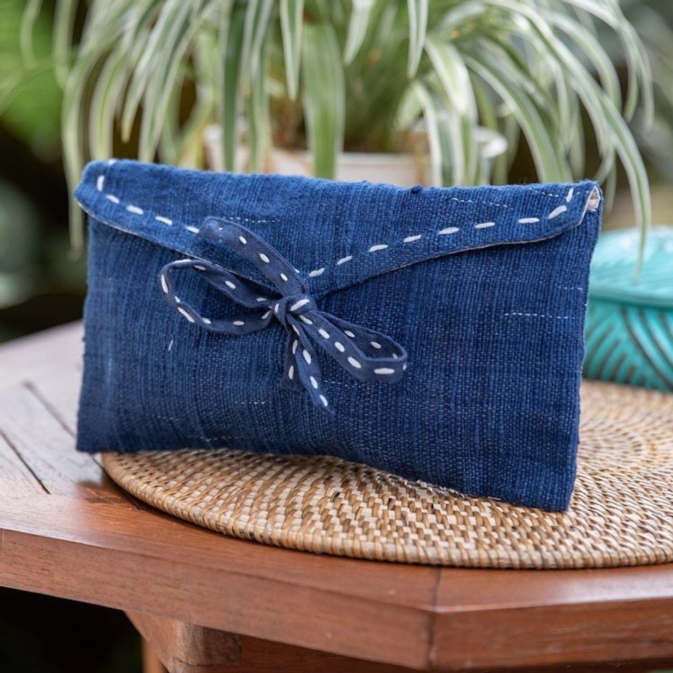 Handcrafted Blue Cotton Cosmetic Bag with a Tie Closure 'Casual Blue'