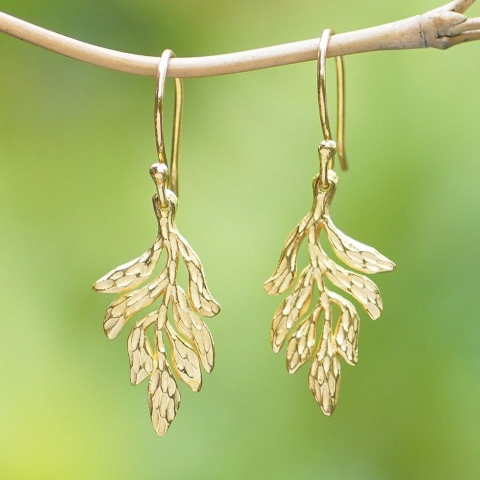 Leafy 18k Gold-Plated Brass Dangle Earrings from Bali 'Palatial Forest'
