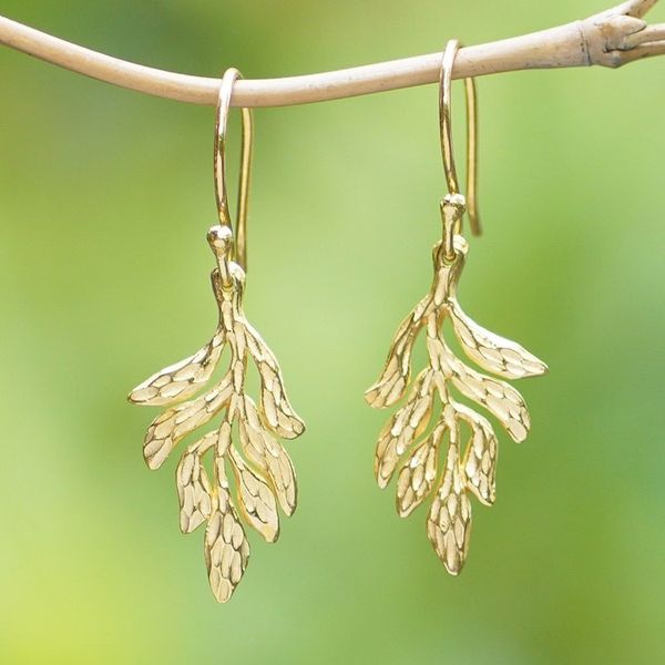 Alternate image for Leafy 18k Gold-Plated Brass Dangle Earrings from Bali Palatial Forest