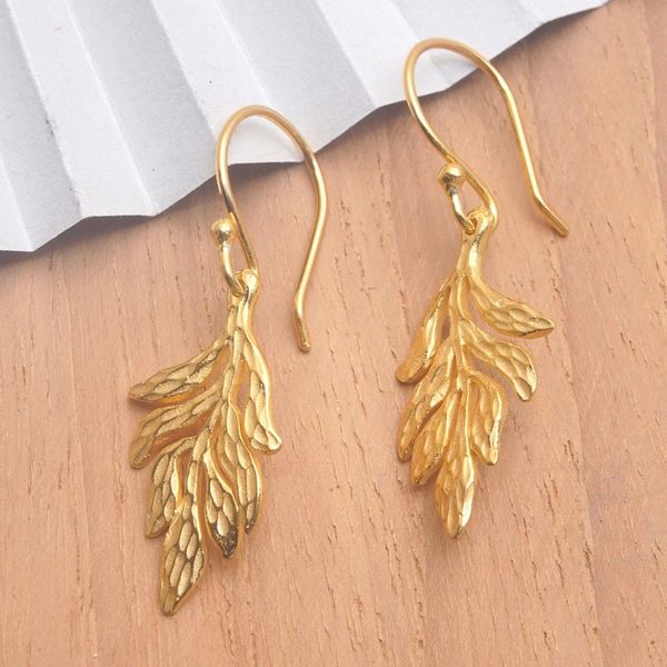 Alternate image for Leafy 18k Gold-Plated Brass Dangle Earrings from Bali Palatial Forest