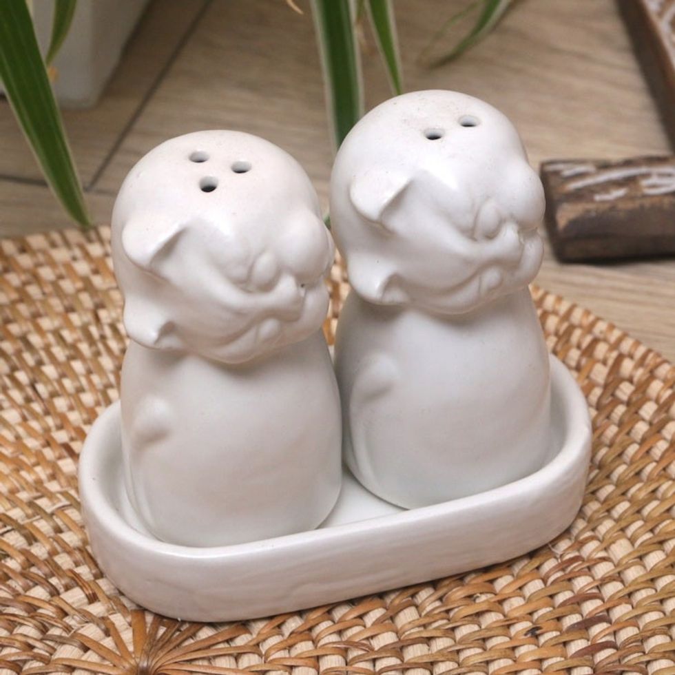 Ceramic Cat Salt and Pepper Set in White Hues Made in Bali 'Bright Felines'