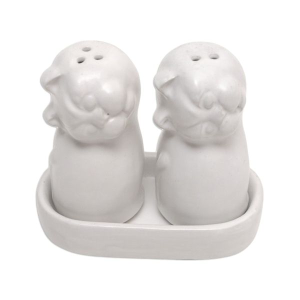 Alternate image for Ceramic Cat Salt and Pepper Set in White Hues Made in Bali Bright Felines