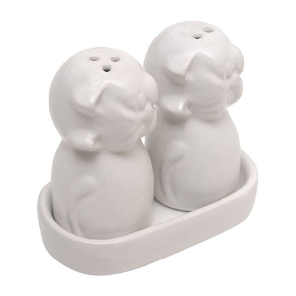 Alternate image for Ceramic Cat Salt and Pepper Set in White Hues Made in Bali Bright Felines