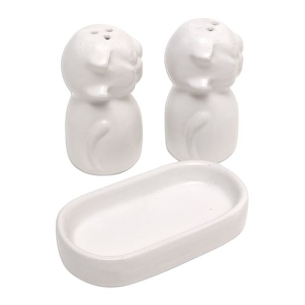 Alternate image for Ceramic Cat Salt and Pepper Set in White Hues Made in Bali Bright Felines