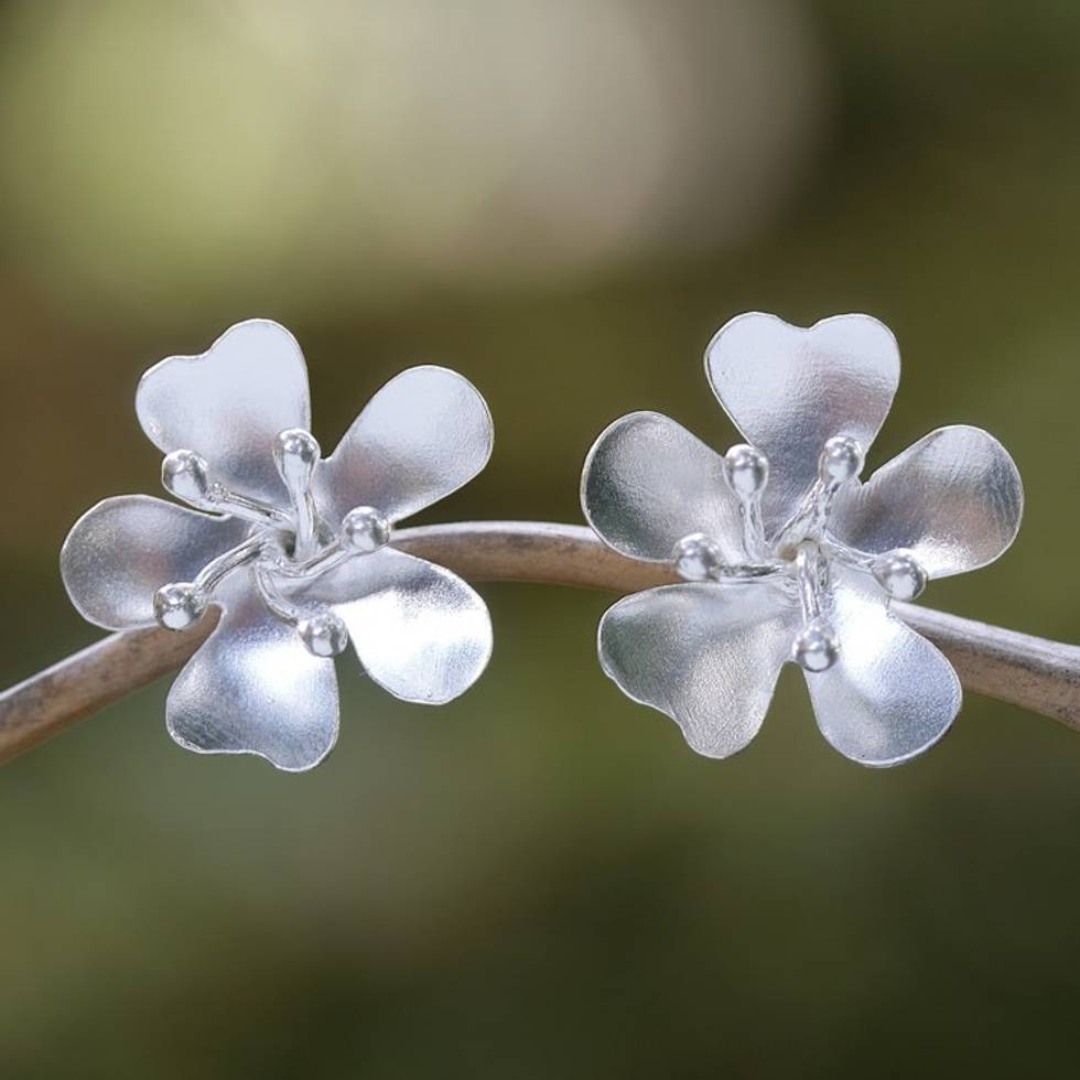 Sterling Silver Floral Button Earrings in a Matte Finish 'Luxurious Spring'