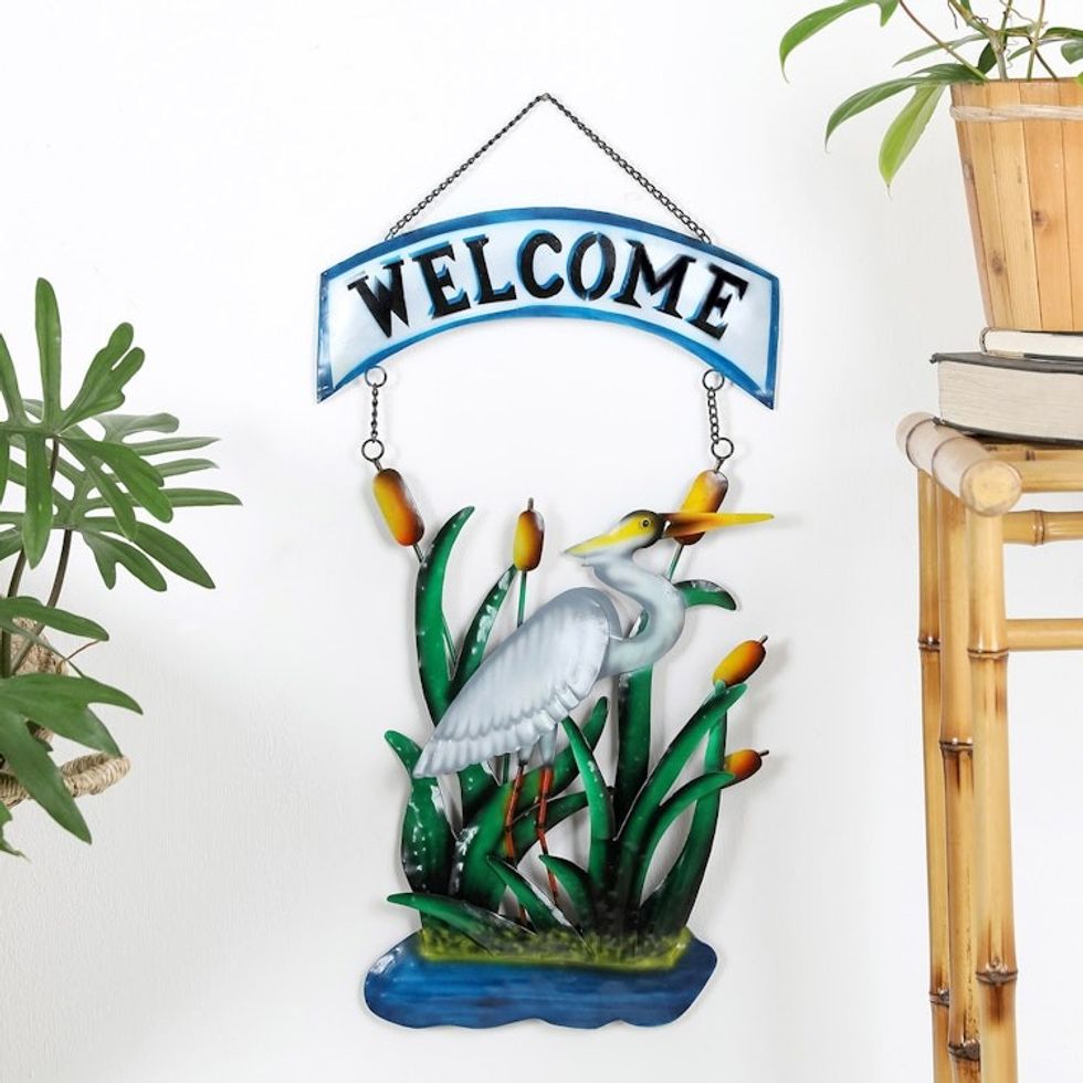 Nature-Themed Hand-Painted Iron Welcome Sign from Bali 'Lake Greeting'