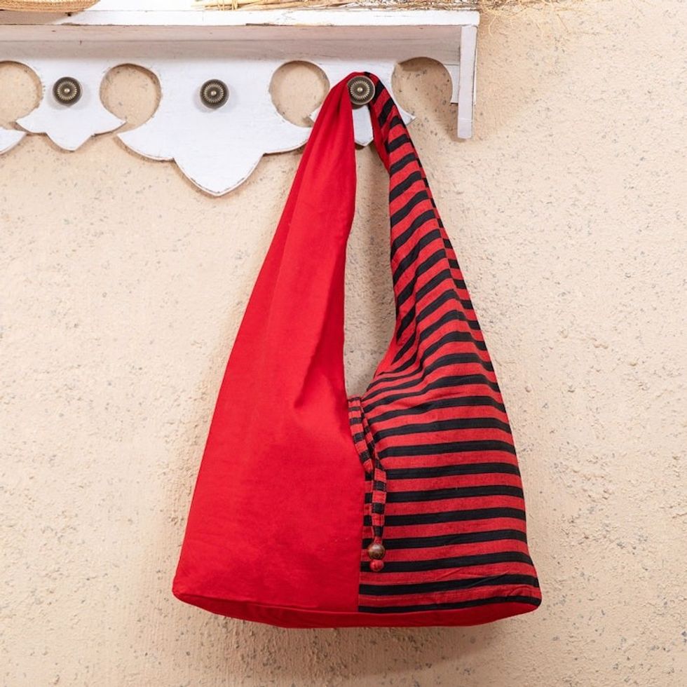Handcrafted Red Striped Cotton Shoulder Bag from Java 'Red Lurik'