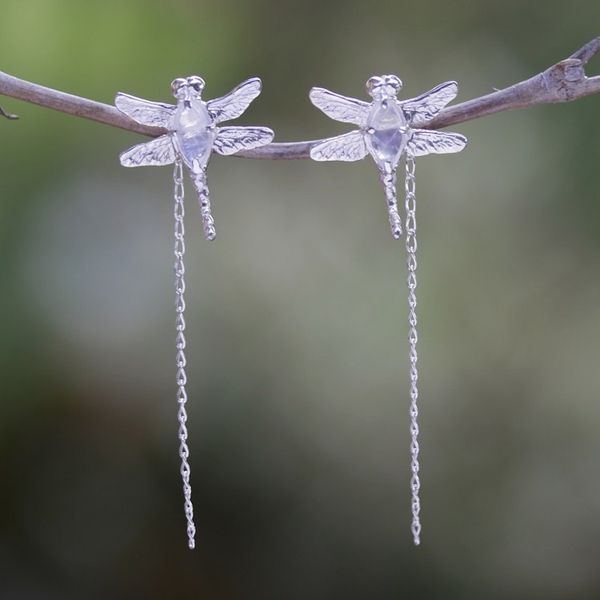 Alternate image for Dragonfly Dangle Earrings with Natural Rainbow Moonstones Harmony Fluttering