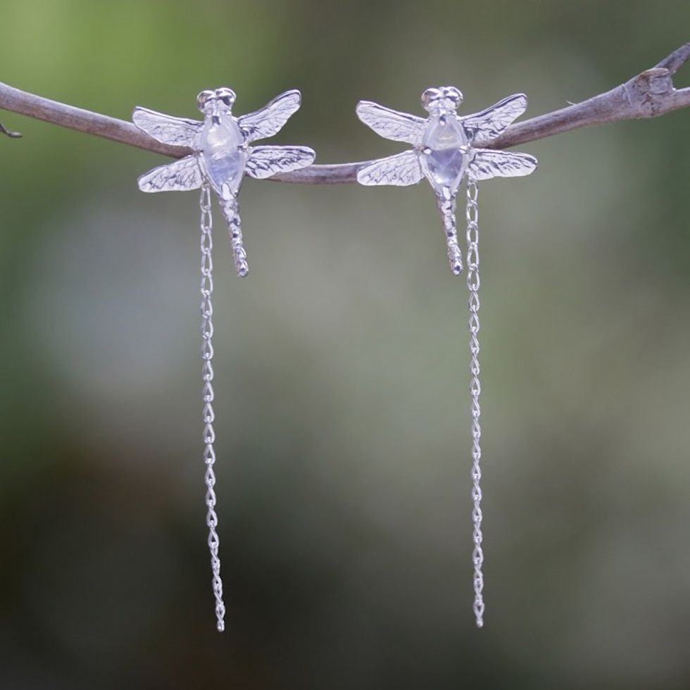 Dragonfly Dangle Earrings with Natural Rainbow Moonstones 'Harmony Fluttering'