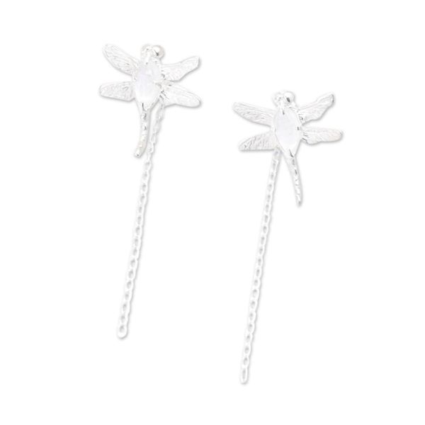 Alternate image for Dragonfly Dangle Earrings with Natural Rainbow Moonstones Harmony Fluttering