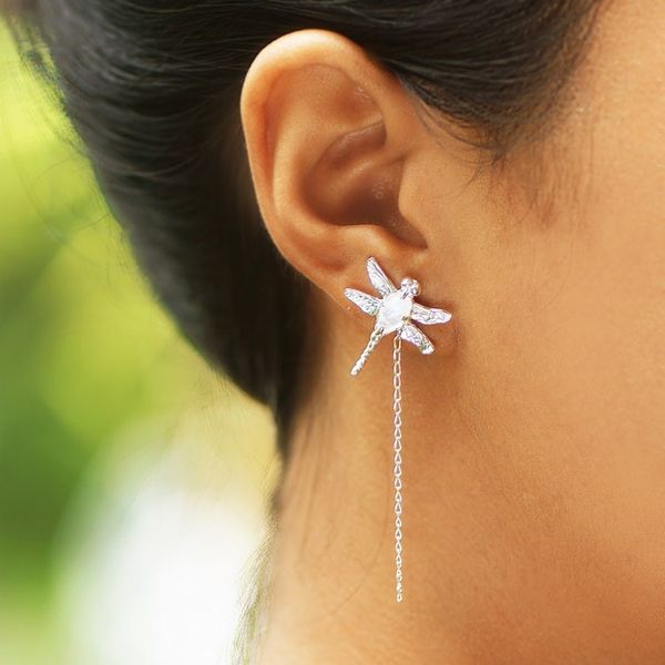 Alternate image for Dragonfly Dangle Earrings with Natural Rainbow Moonstones Harmony Fluttering