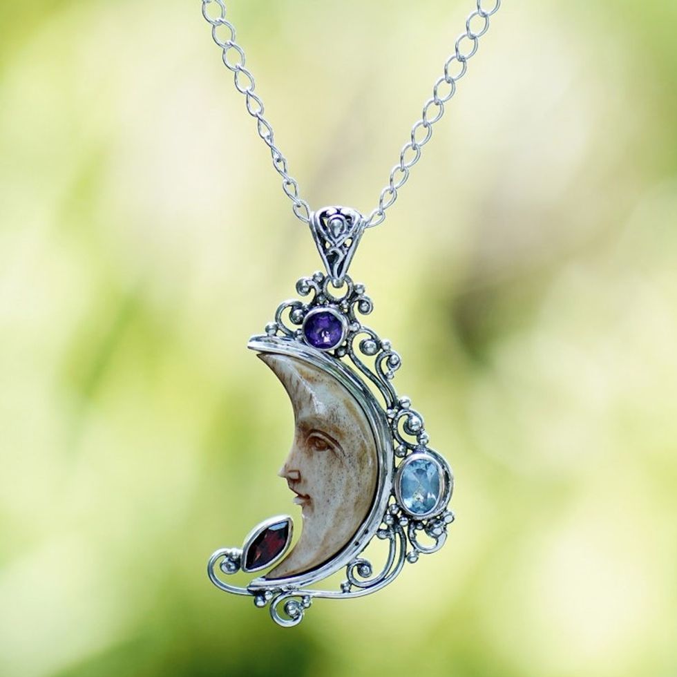 Sterling Silver Pendant Necklace with Gems and Moon Motifs 'Celestial Warmth'
