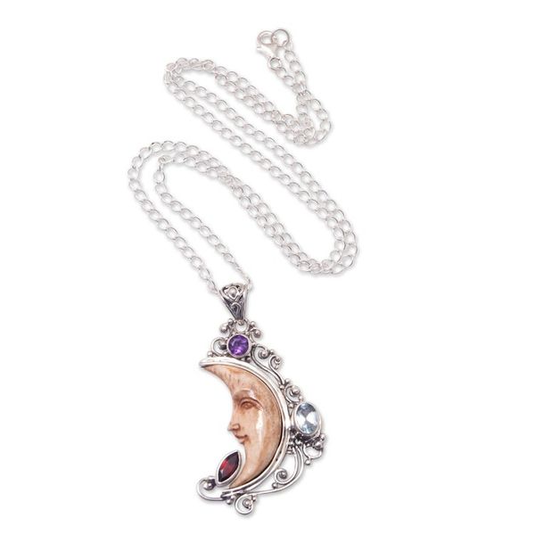 Alternate image for Sterling Silver Pendant Necklace with Gems and Moon Motifs Celestial Warmth