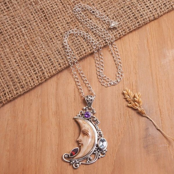 Alternate image for Sterling Silver Pendant Necklace with Gems and Moon Motifs Celestial Warmth