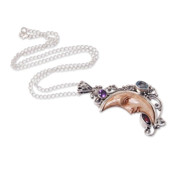 Alternate image for Sterling Silver Pendant Necklace with Gems and Moon Motifs Celestial Warmth