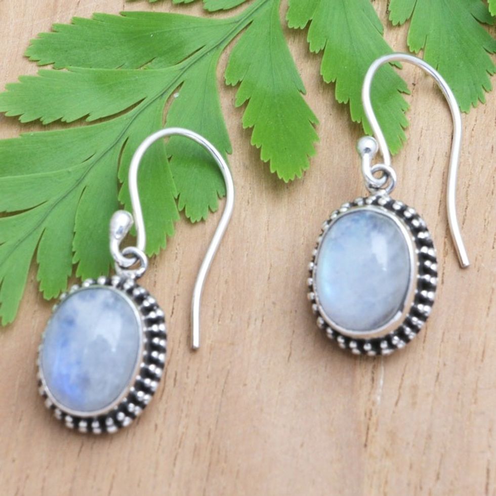Dangle Earrings with Natural Rainbow Moonstone Cabochons 'Harmonious Amulet'