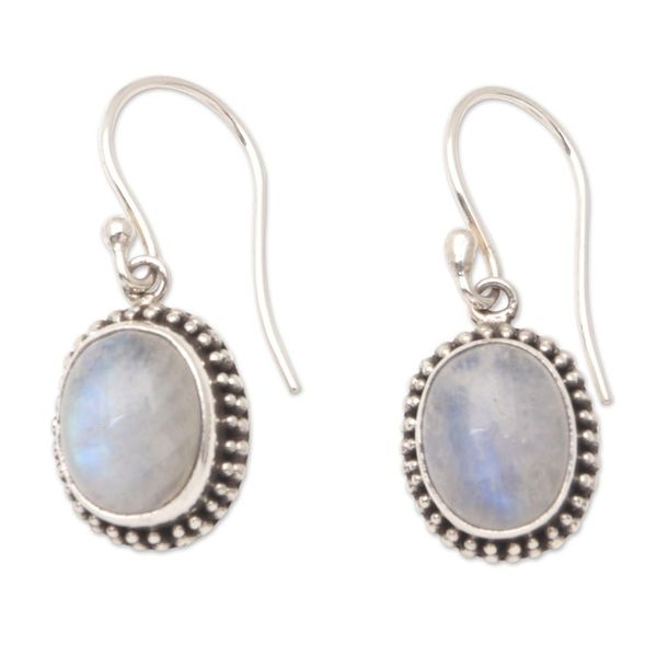 Alternate image for Dangle Earrings with Natural Rainbow Moonstone Cabochons Harmonious Amulet