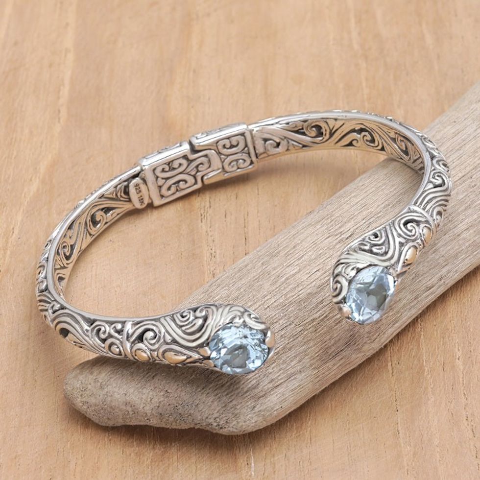 Gold-Accented Sterling Silver and Blue Topaz Cuff Bracelet 'Twin Charm'