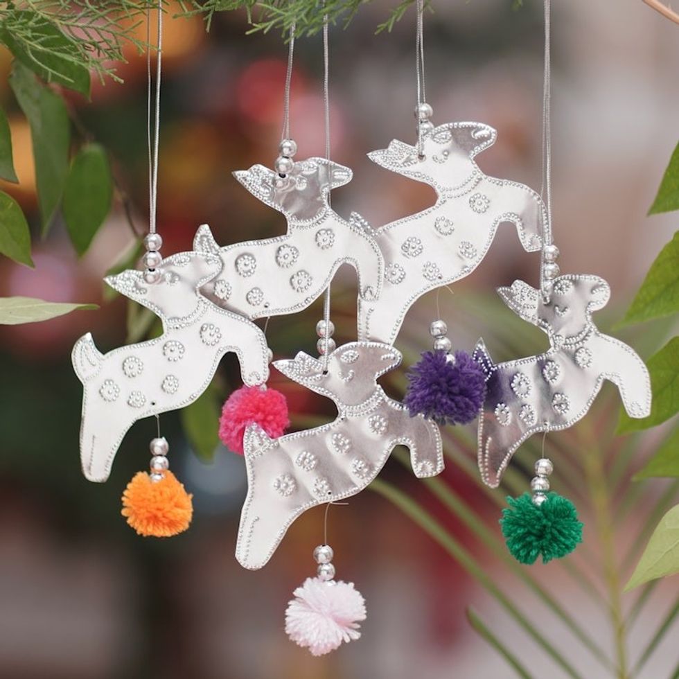 Set of 5 Handcrafted Aluminum Reindeer Ornaments from Bali 'Radiant Reindeer'