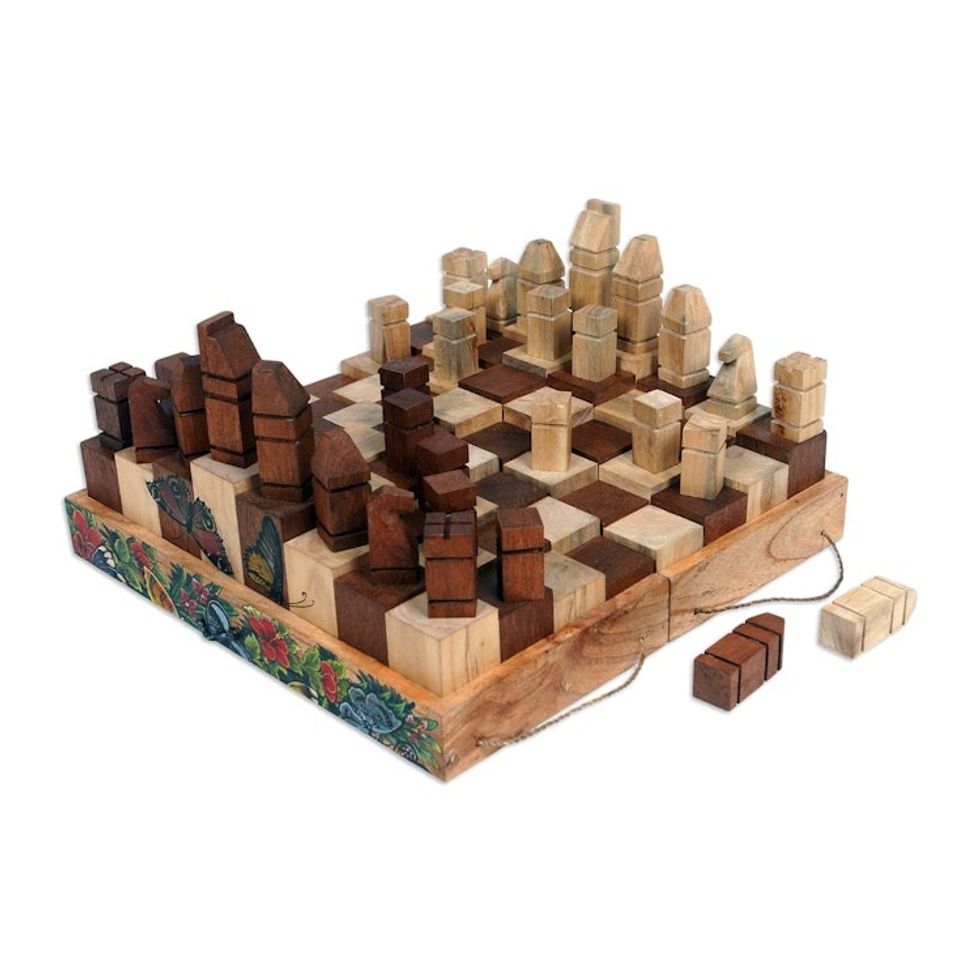 Butterfly and Flower-Themed Wood Chess Set from Bali 'Monarch Strategy'