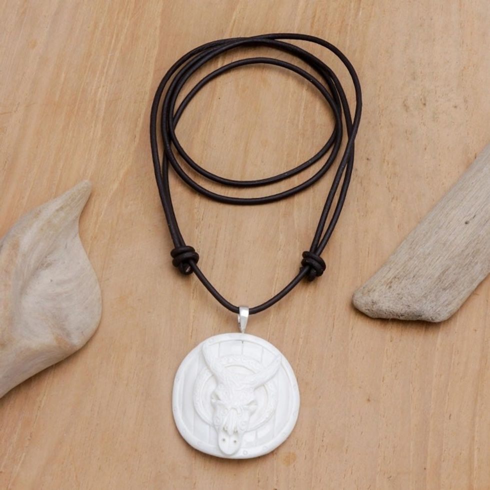 Men's Handcrafted Bone Pendant Necklace with Leather Cord 'Ferocious Bull'