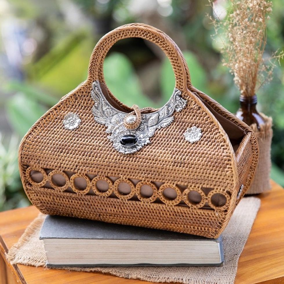 Sterling Silver and Natural Fiber Handle Bag with Onyx Gem 'Guardian Flower'