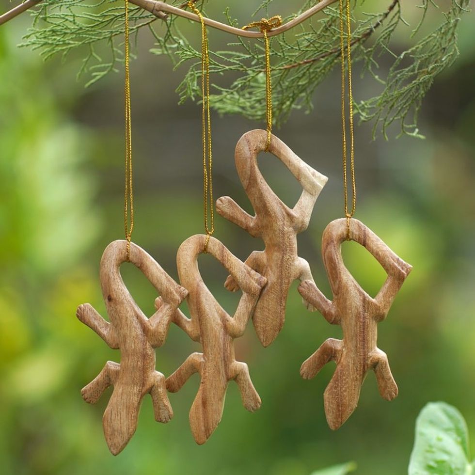 Set of 4 Wood Lizard Ornaments Hand-Carved in Bali 'Creeping Lizards'