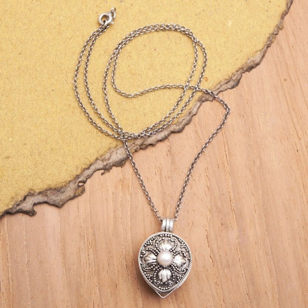 Cultured Pearl and Sterling Silver Floral Locket Necklace 'Small Treasures'