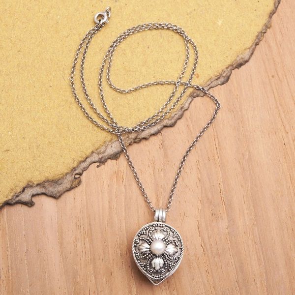 Alternate image for Cultured Pearl and Sterling Silver Floral Locket Necklace Small Treasures