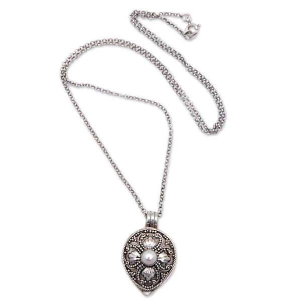 Alternate image for Cultured Pearl and Sterling Silver Floral Locket Necklace Small Treasures