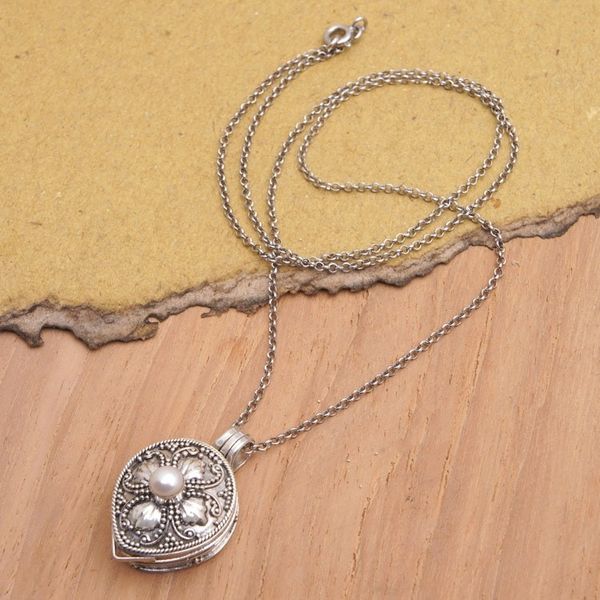 Alternate image for Cultured Pearl and Sterling Silver Floral Locket Necklace Small Treasures