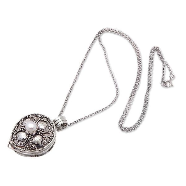 Alternate image for Cultured Pearl and Sterling Silver Floral Locket Necklace Small Treasures