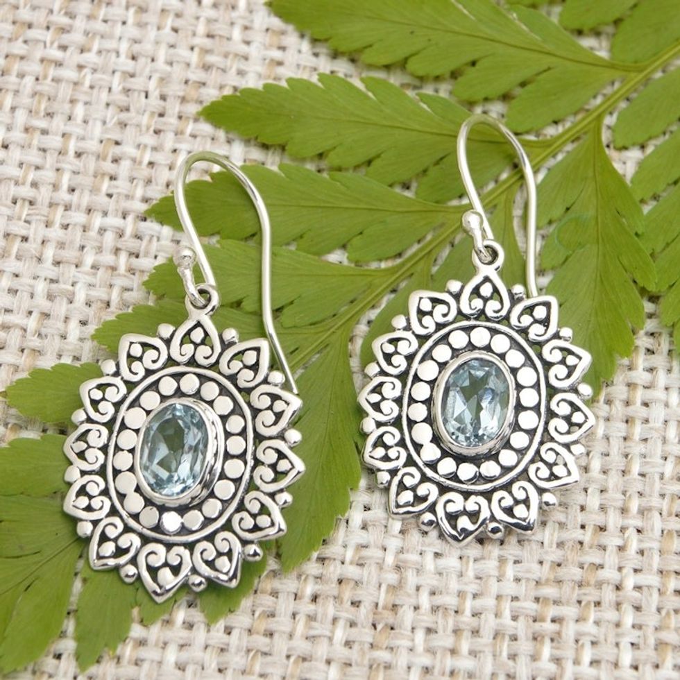 Traditional Floral Dangle Earrings with Blue Topaz Jewels 'Spring Loyalty'