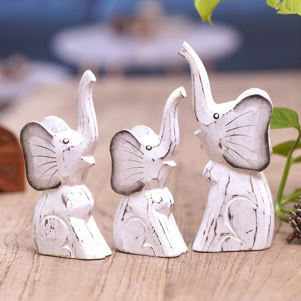 Set of 3 Elephant-Themed Albesia Wood Statuettes from Bali 'Cute Trunks'