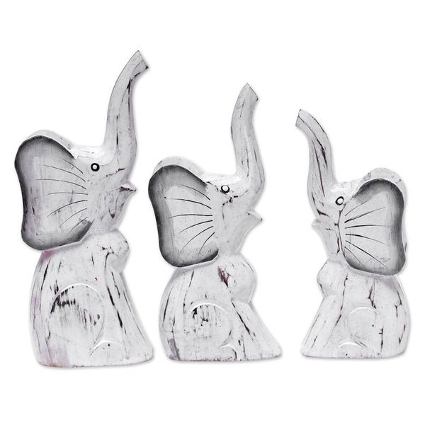 Alternate image for Set of 3 Elephant-Themed Albesia Wood Statuettes from Bali Cute Trunks