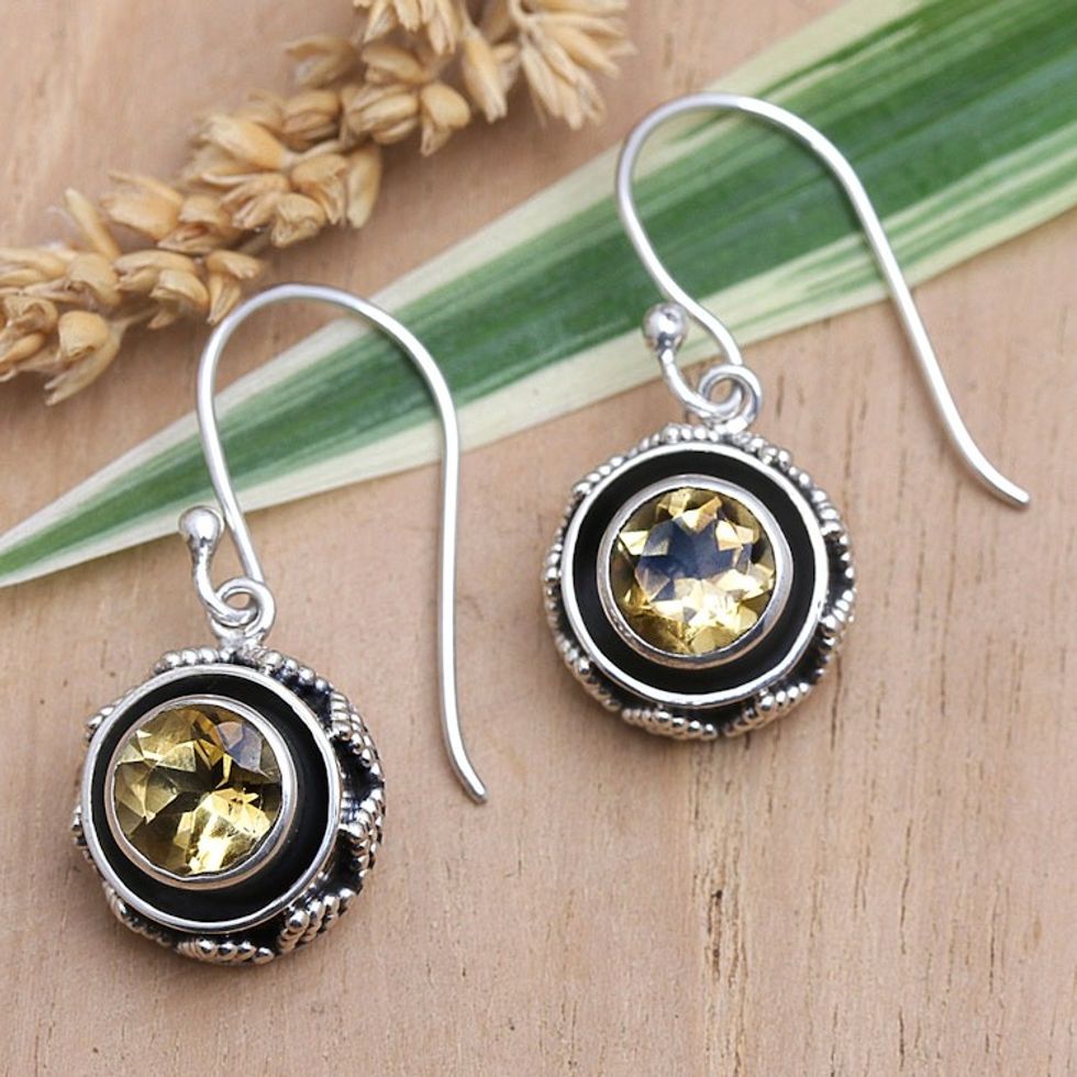 Balinese Sterling Silver Dangle Earrings with Citrine Stones 'Batur in Yellow'