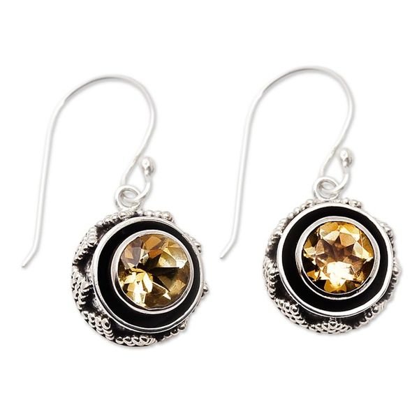 Alternate image for Balinese Sterling Silver Dangle Earrings with Citrine Stones Batur in Yellow