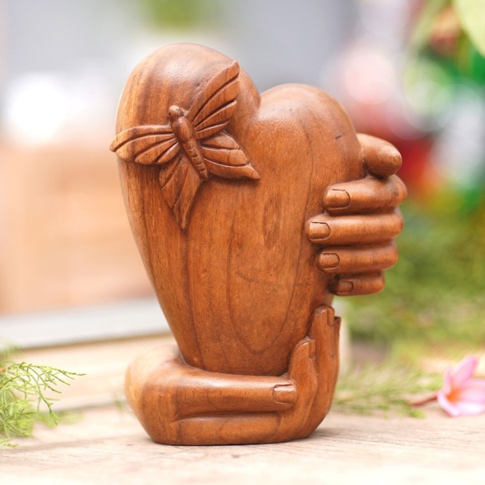Hand-Carved Suar Wood Sculpture of Heart and Butterfly 'Love Butterfly'