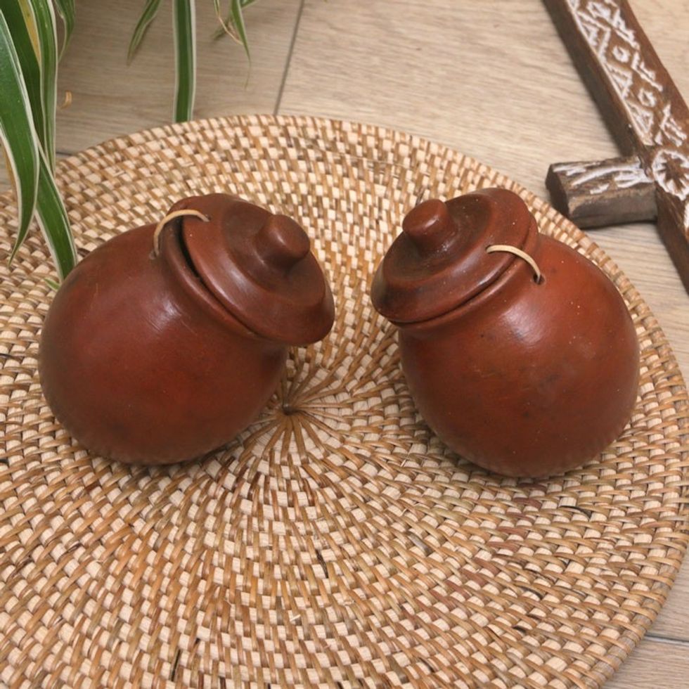 Handcrafted Brown Ceramic Salt and Pepper Set 'Brown Ambrosia'
