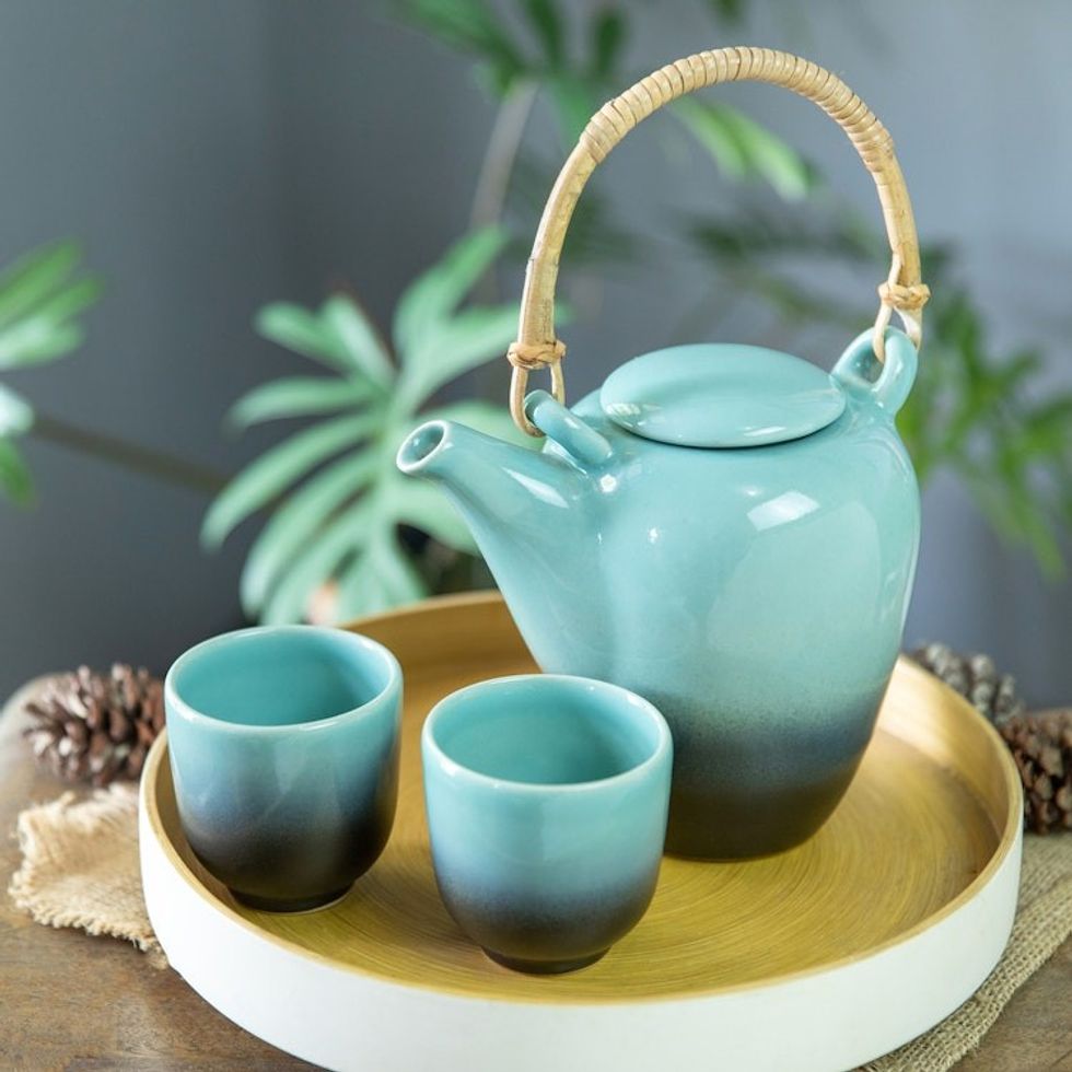 Ceramic and Bamboo Tea Set in Turquoise and Black 3 Pieces 'Lagoon Tea'